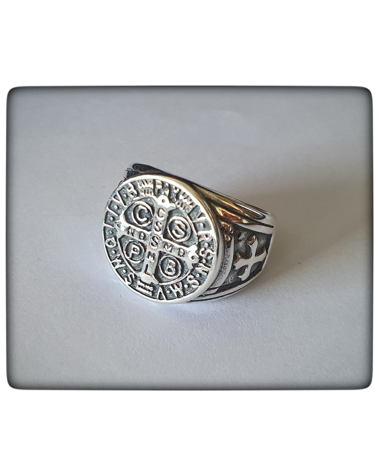 san benito sello anillo plata de ley cruz proteccion amuleto protector