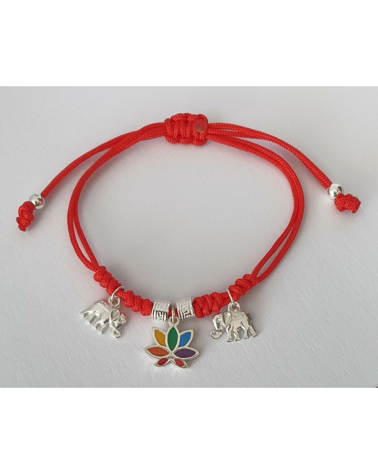 pulsera plata  de ley flor de loto y elefantes de la suerte