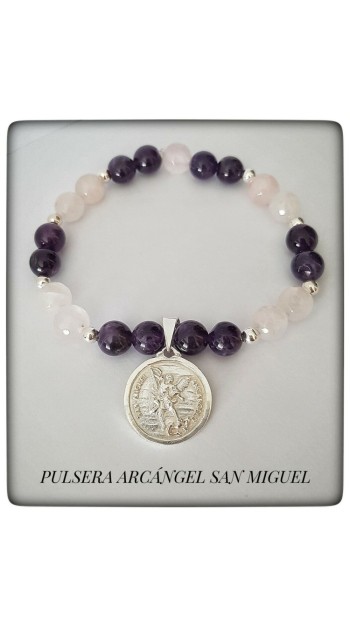 arcangel san miguel pulsera plata amatista cuarzo rosa