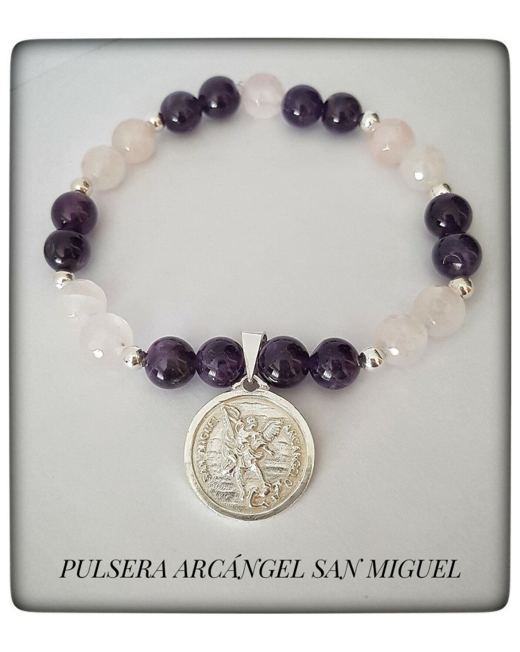 arcangel san miguel pulsera amatista cuarzo rosa medallon