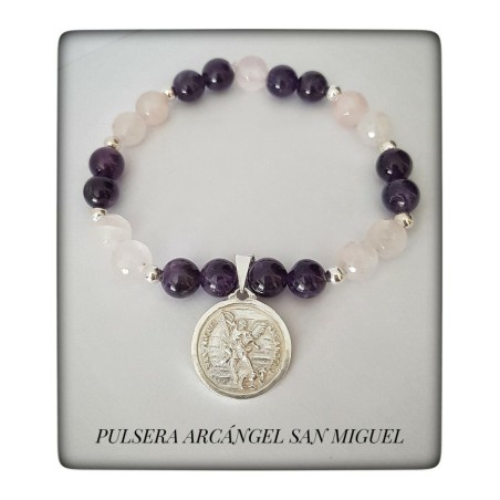 arcangel san miguel pulsera amatista cuarzo rosa medallon