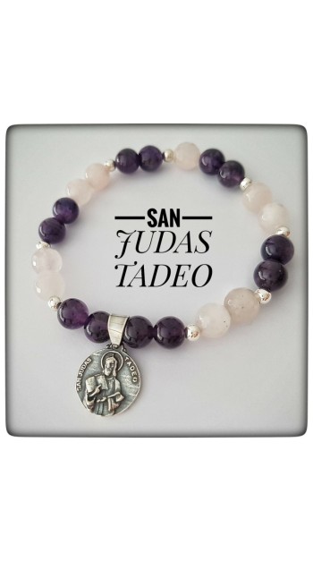 amatista cuarzo rosa pulsera san judas tadeo plata de ley