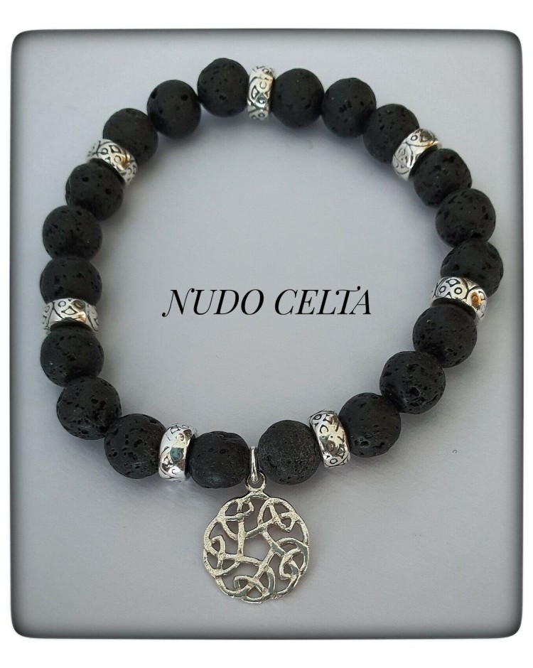 PULSERA NUDO CELTA PLATA PIEDRA VOLCANICA YOGA